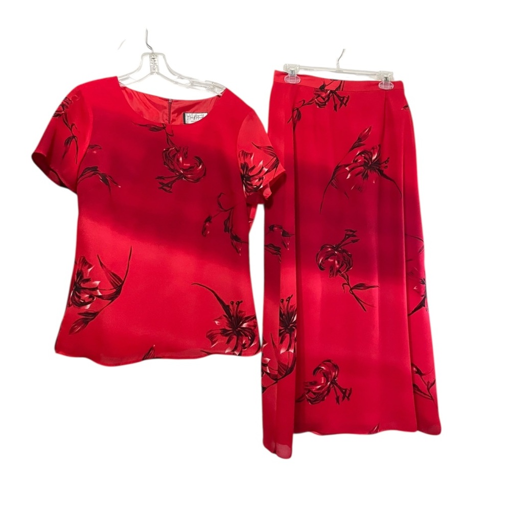 VTG Mary McFadden blouse & skirt set two-piece set red floral print woman sz 8